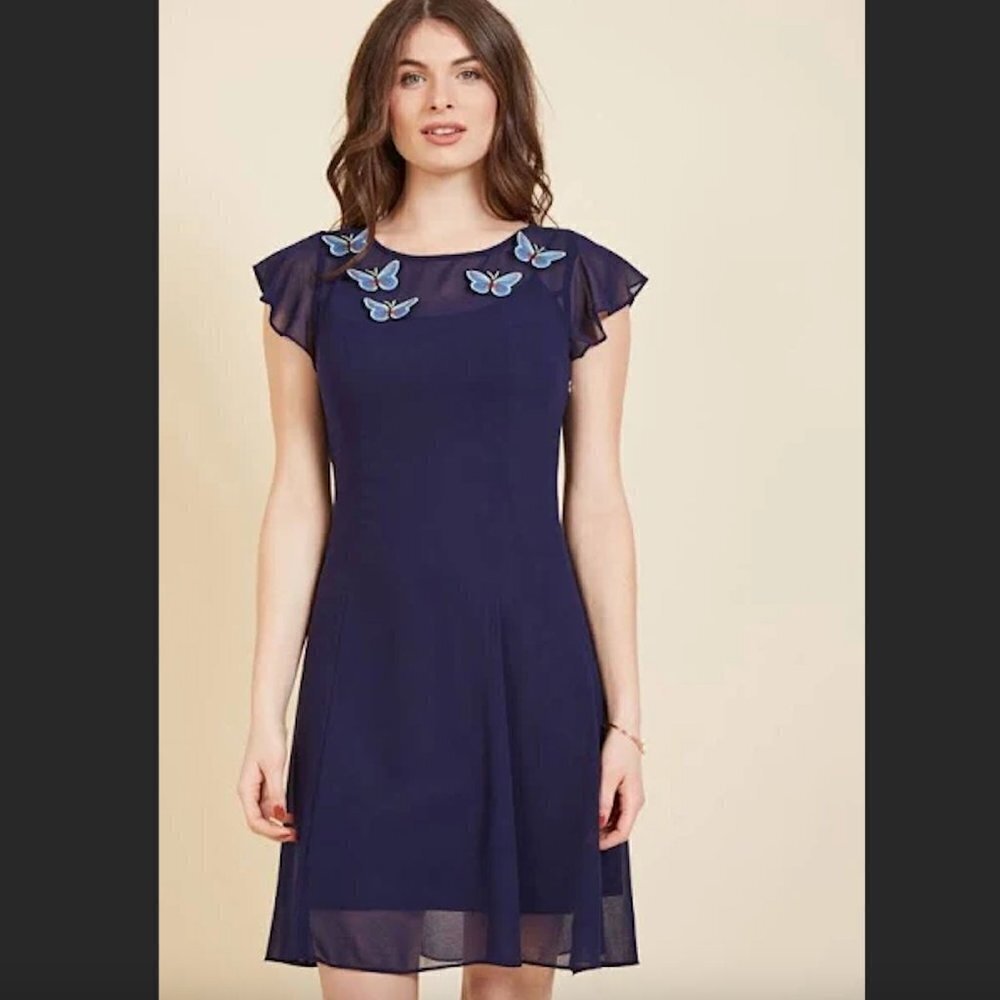 MODCLOTH Navy Blue Sheer Butterfly Applique Chiffon Ruffle Sleeve Dress Size 2X
